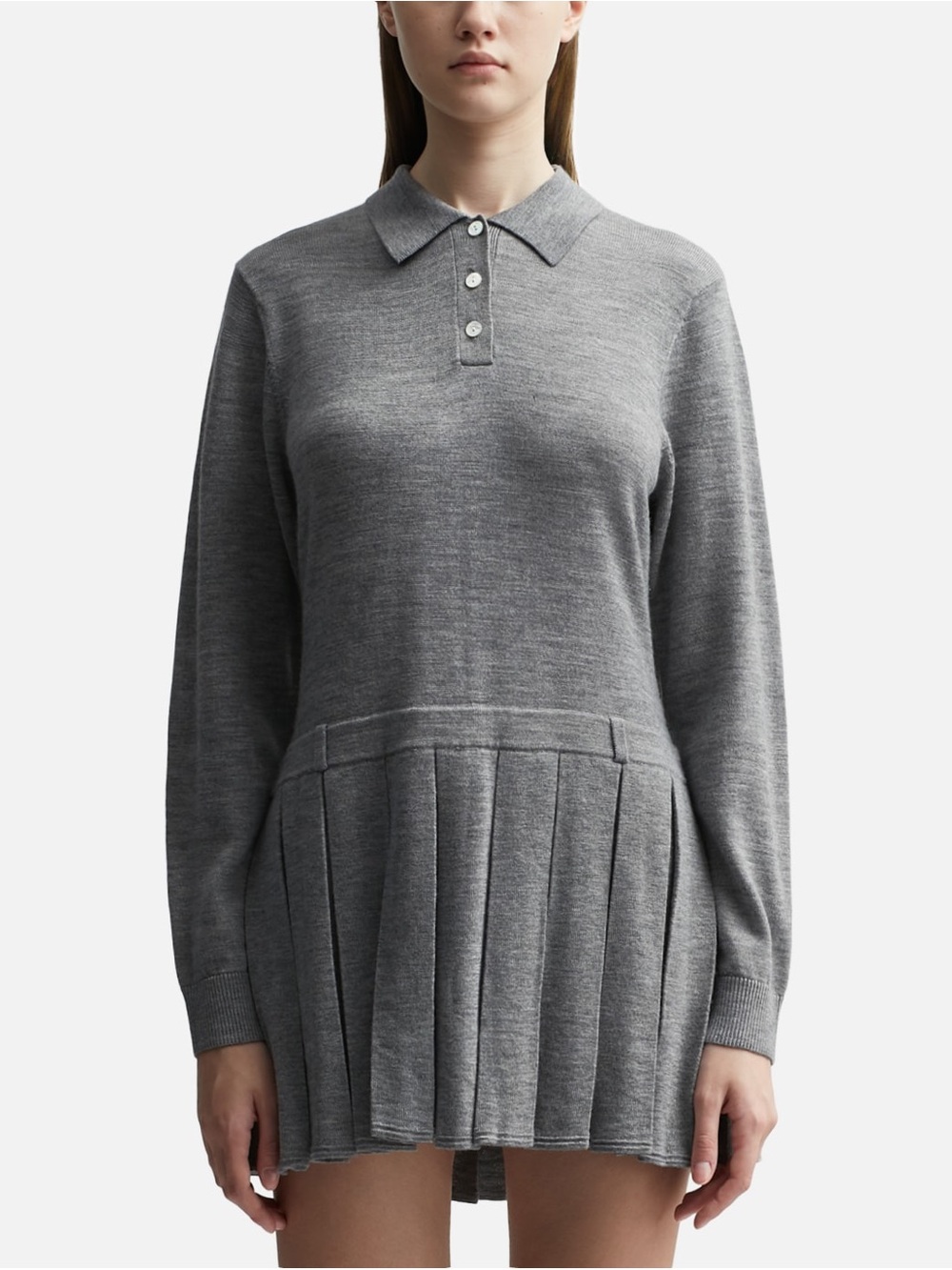Sandy Liang Gray Pleated Knit Polo Dress